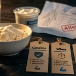 Caséine danger : flocons et pictogrammes allergie (table, lait, yaourt)