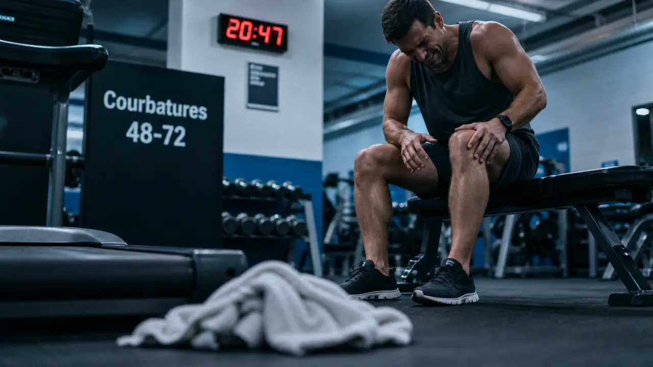 Combien de temps durent les courbatures après le sport : pic 48-72h, homme raide au sport