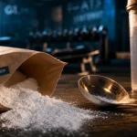Créatine monohydrate effet ATP : poudre et sachet en salle de sport