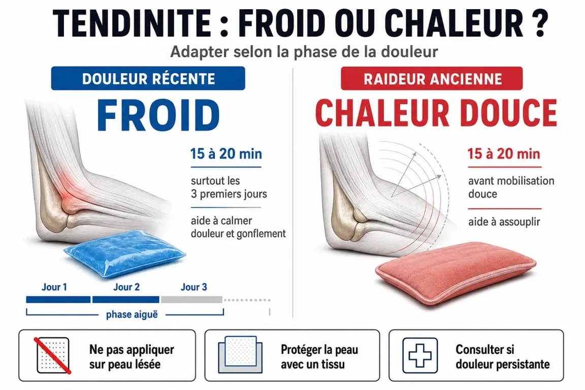 Glace et tendinite : schéma comparatif du froid et de la chaleur selon la phase de douleur