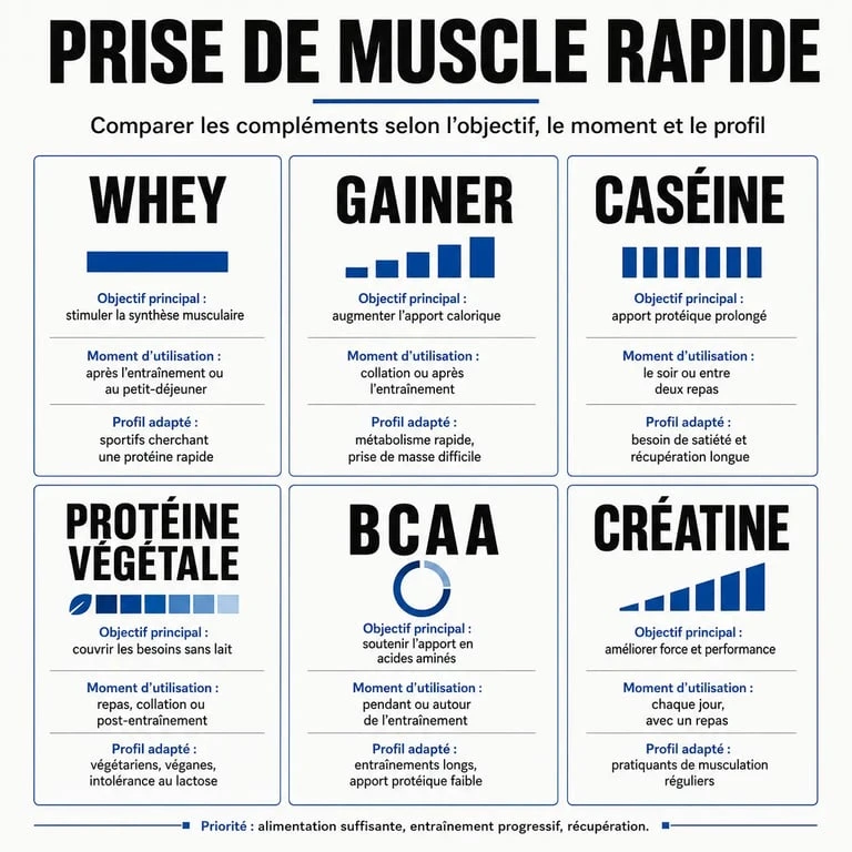 Infographie sur la protéine pour prendre du muscle rapidement avec whey, gainer, caséine, protéine végétale, BCAA et créatine