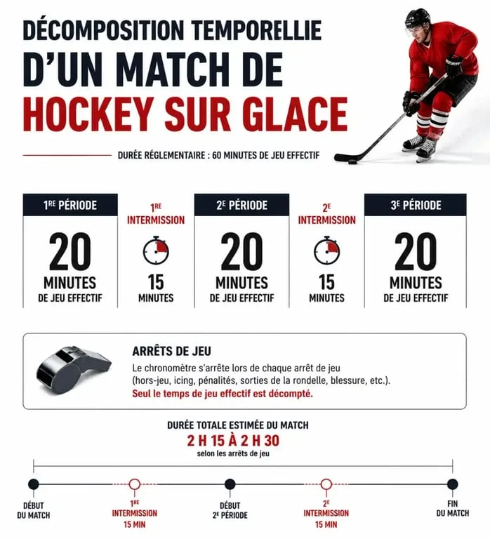 Infographie expliquant la durée d'un match de hockey sur glace et ses différentes phases