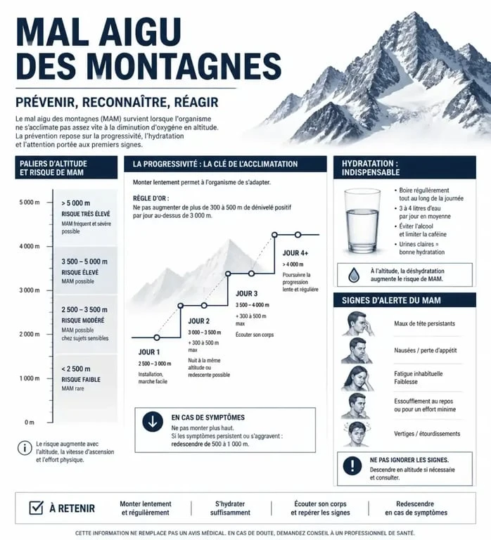 Infographie sur la prévention du mal des montagnes et les règles d'acclimatation en altitude