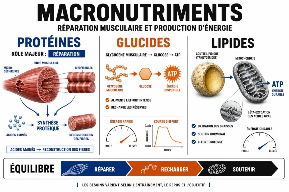 Infographie sur le rôle des macronutriments dans la nutrition pour musculation