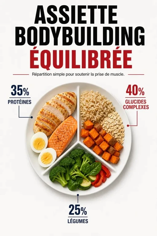 Composition d'une assiette idéale pour la nutrition pour musculation avec protéines, glucides et légumes