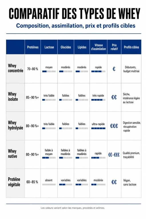 Quel whey choisir : infographie comparative des whey concentrée, isolate, hydrolysée, native et végétale