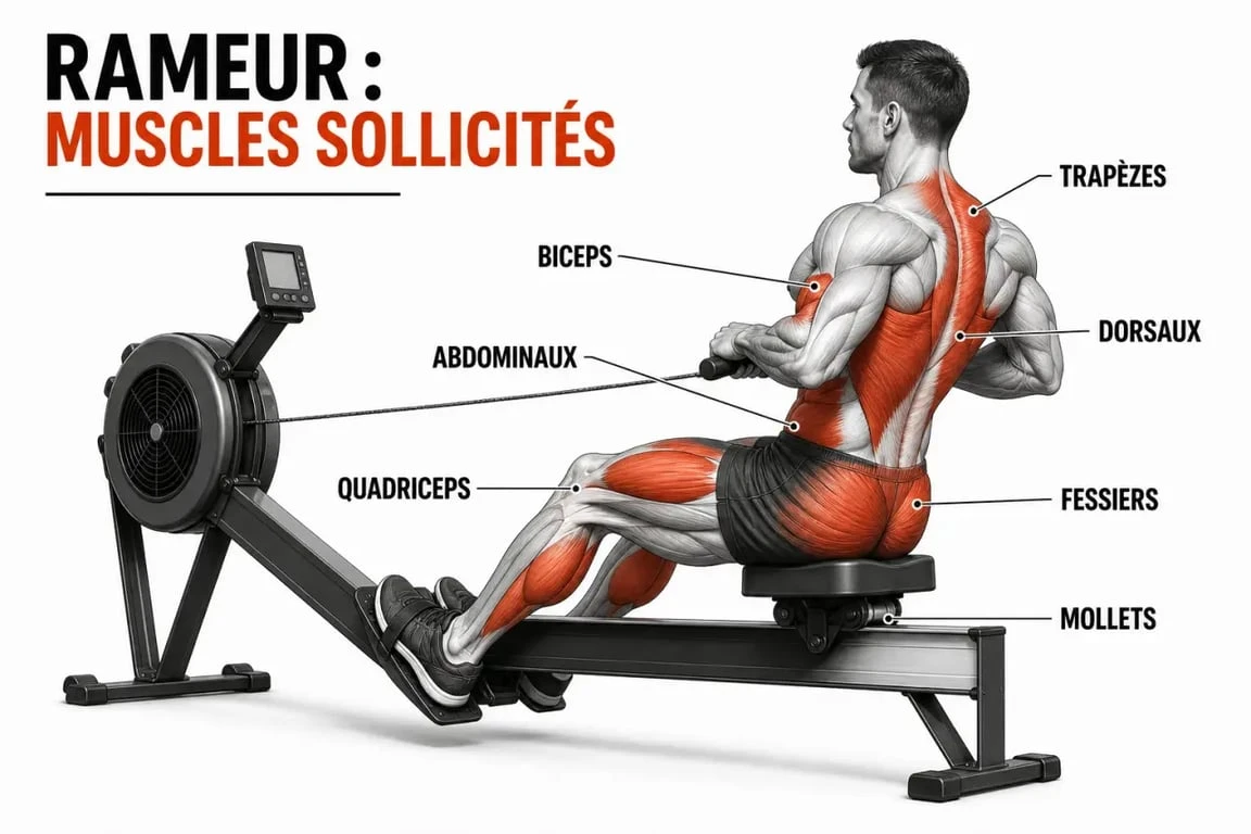 Rameur musculation : schéma des muscles sollicités pendant l’exercice