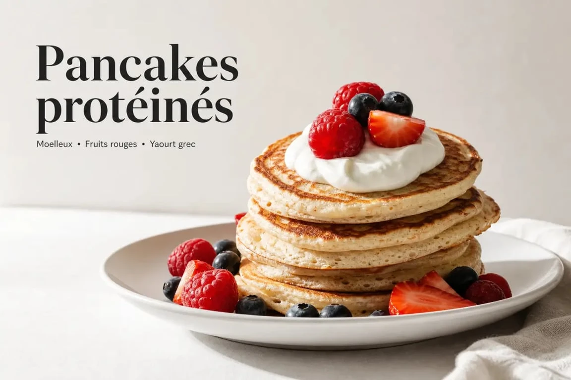 Recette pancake proteines moelleux et dorés avec fruits rouges et yaourt grec