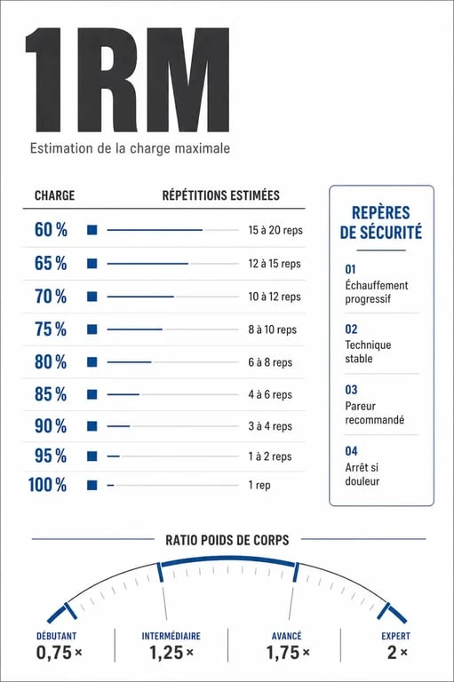 Illustration 1 repetition maximum avec pourcentages, répétitions et zones d’entraînement