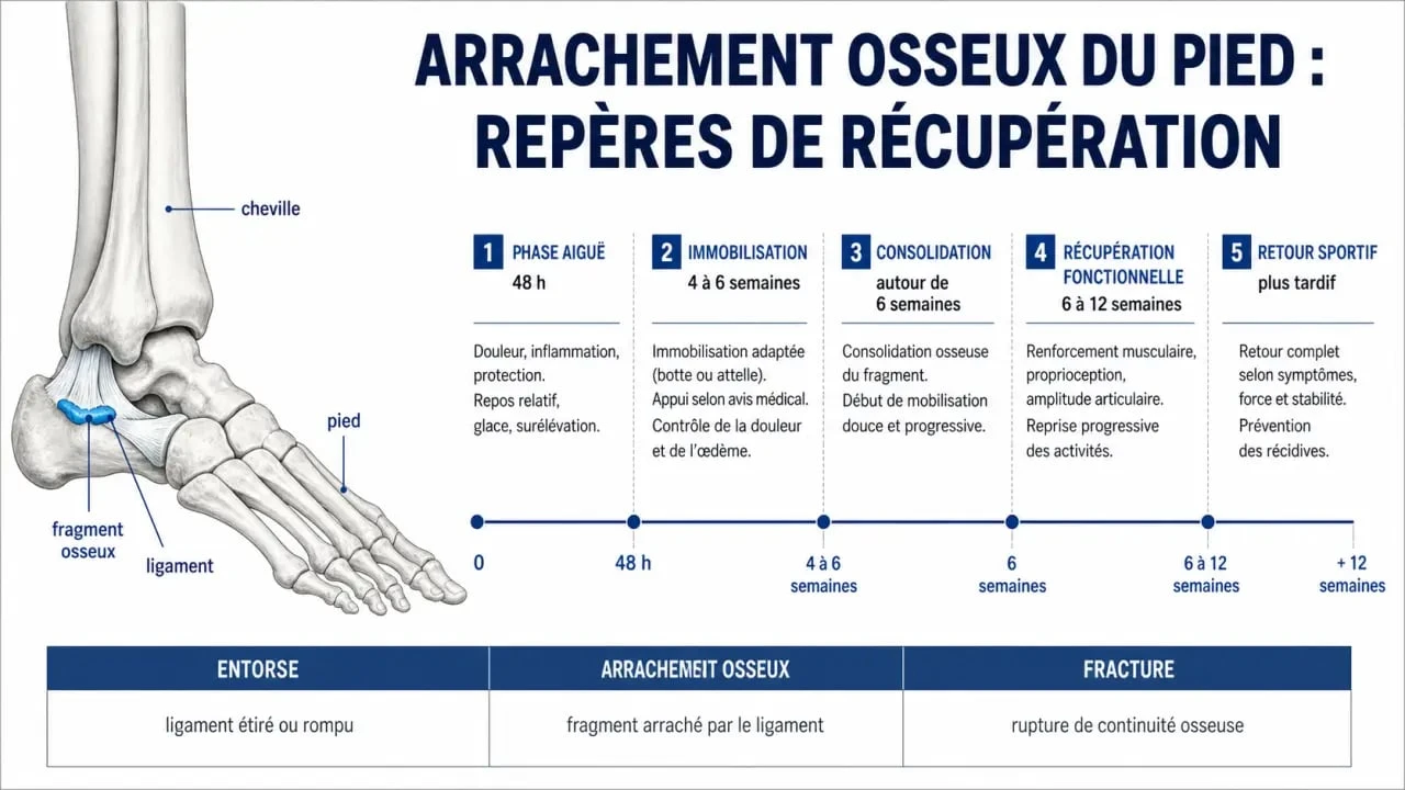 Arrachement osseux pied combien de temps : schéma des délais de guérison, d’immobilisation et de reprise du sport