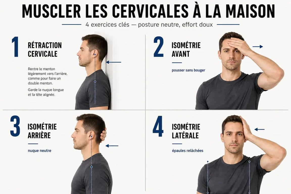 Muscler cervicales à la maison : rétraction cervicale et isométrie en 4 étapes