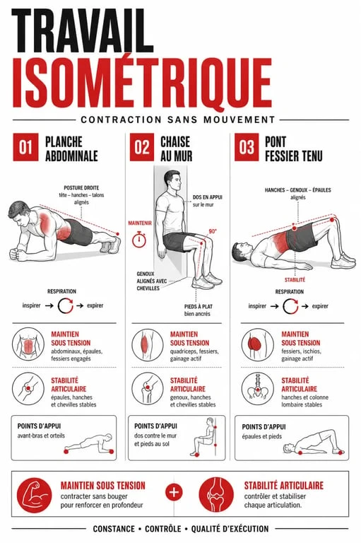 Travail isométrique : schéma pédagogique de planche, chaise au mur et pont fessier montrant la contraction sans mouvement