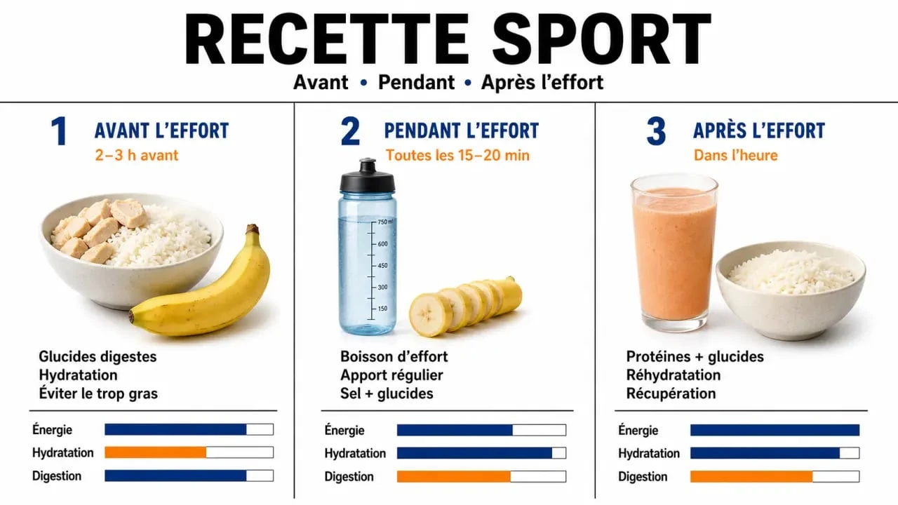 Recette sport : visuel éditorial des repas avant, pendant et après l’effort