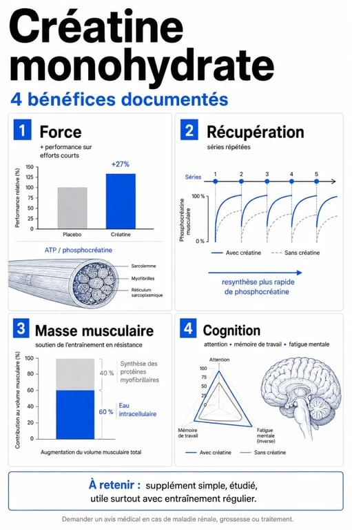 Infographie des effets et bienfaits de la créatine monohydrate