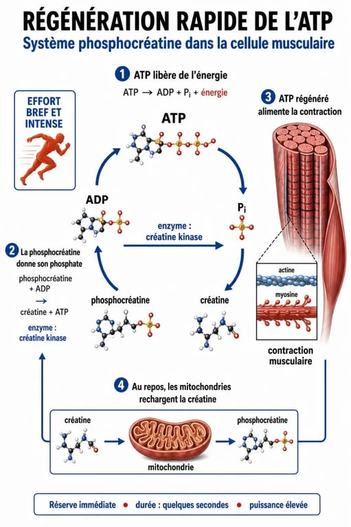 Schéma du mécanisme d'action de la créatine monohydrate sur l'ATP