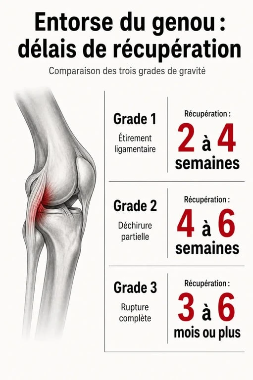 Entorse genou temps de guérison : schéma comparatif des grades 1, 2 et 3 avec délais de récupération
