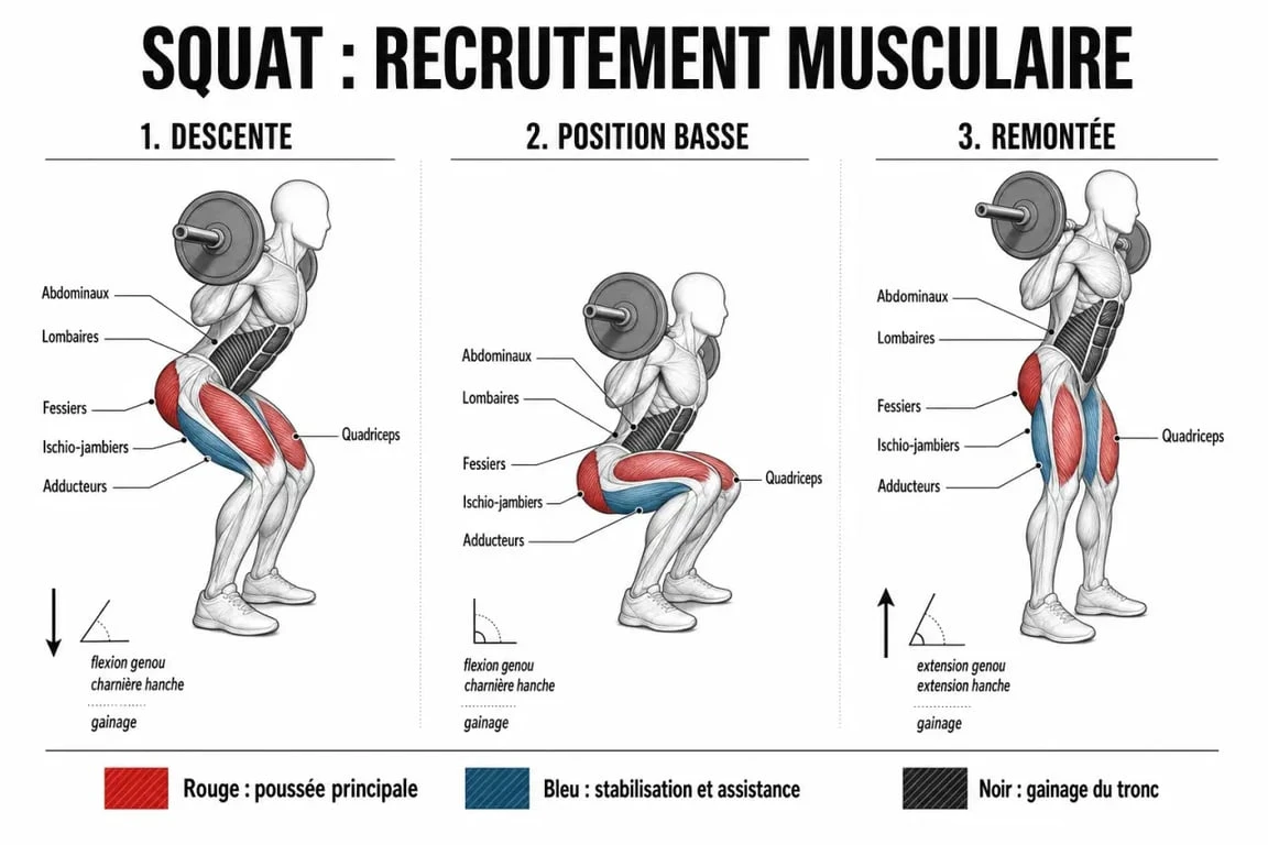 Schéma anatomique du squat muscle avec les quadriceps, fessiers et ischio-jambiers sollicités