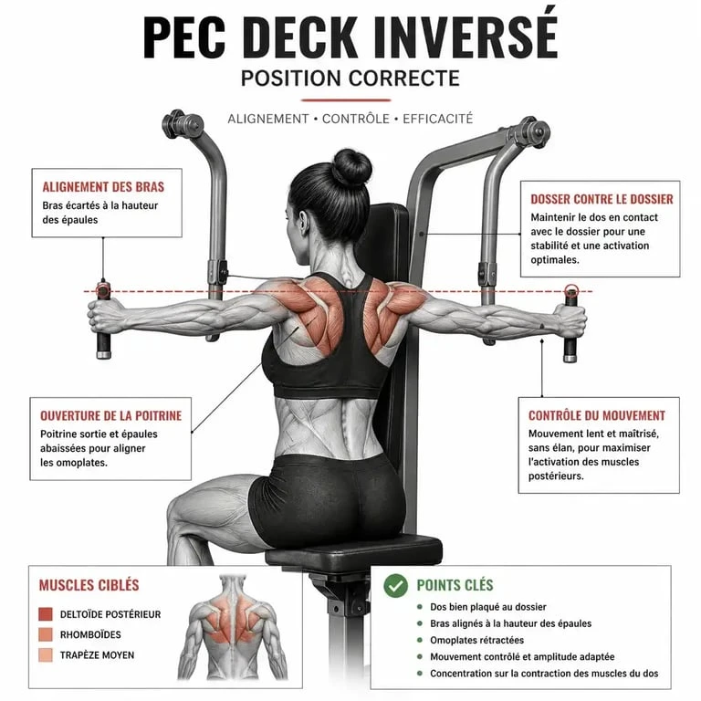 Schéma technique de l'exécution du pec deck reverse pour les deltoïdes postérieurs