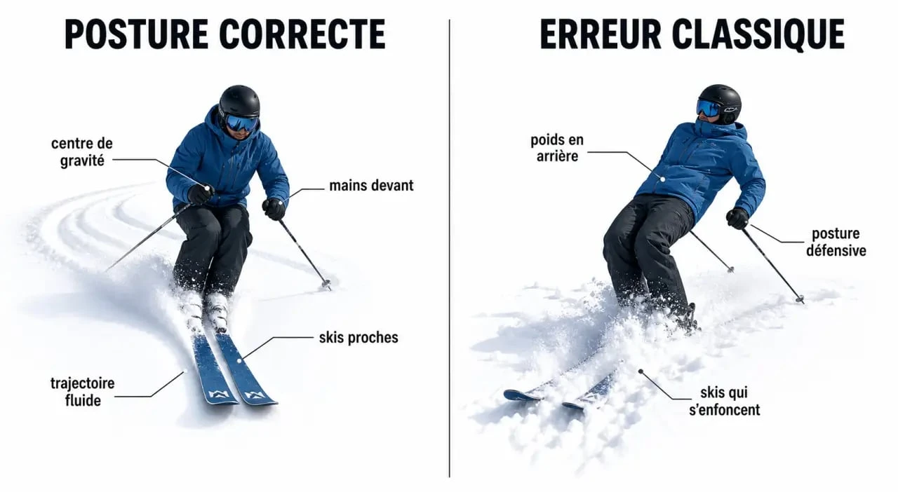 Skier en poudreuse : posture centrée et erreur de position en arrière