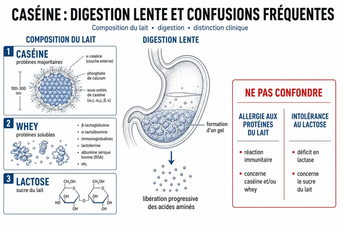 Caséine danger : schéma comparant caséine, whey et lactose avec allergie et intolérance