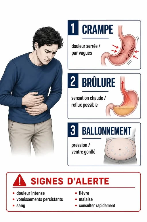 Crampe estomac que faire : illustration des gestes à faire et des signes d’alerte
