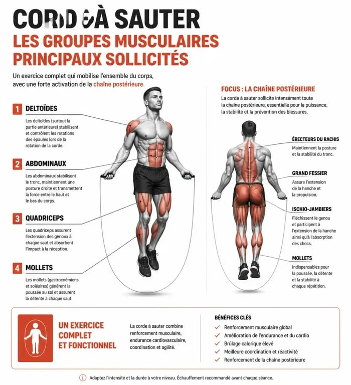 Schéma des muscles sollicités par la corde à sauter pour le renforcement physique