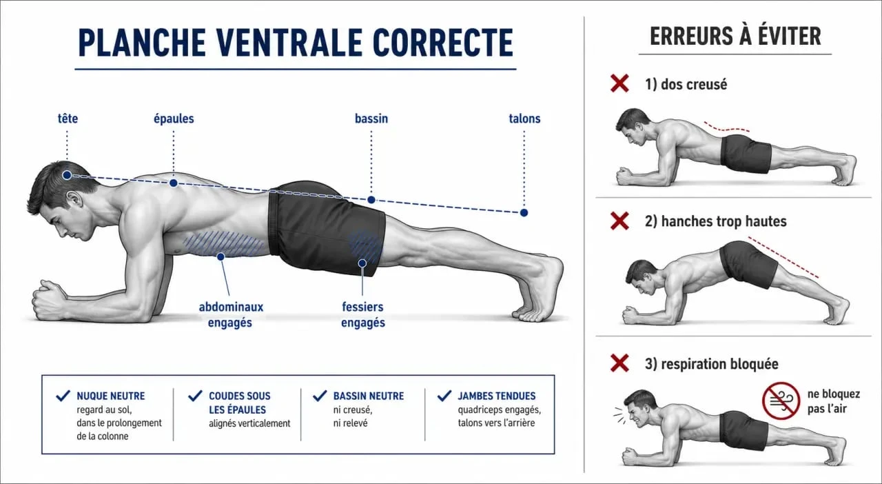 Faire du gainage tous les jours : schéma de la planche correcte et des erreurs de posture à éviter