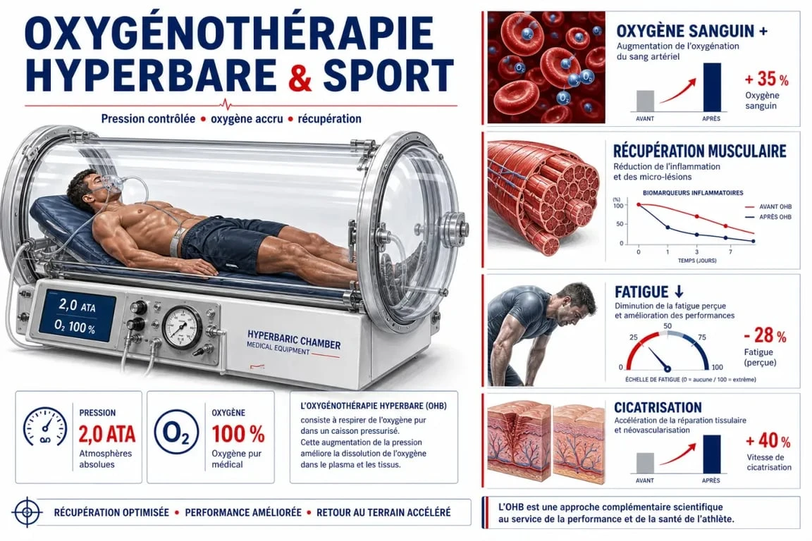 Oxygénothérapie sport : schéma éditorial du caisson pressurisé et de la récupération musculaire