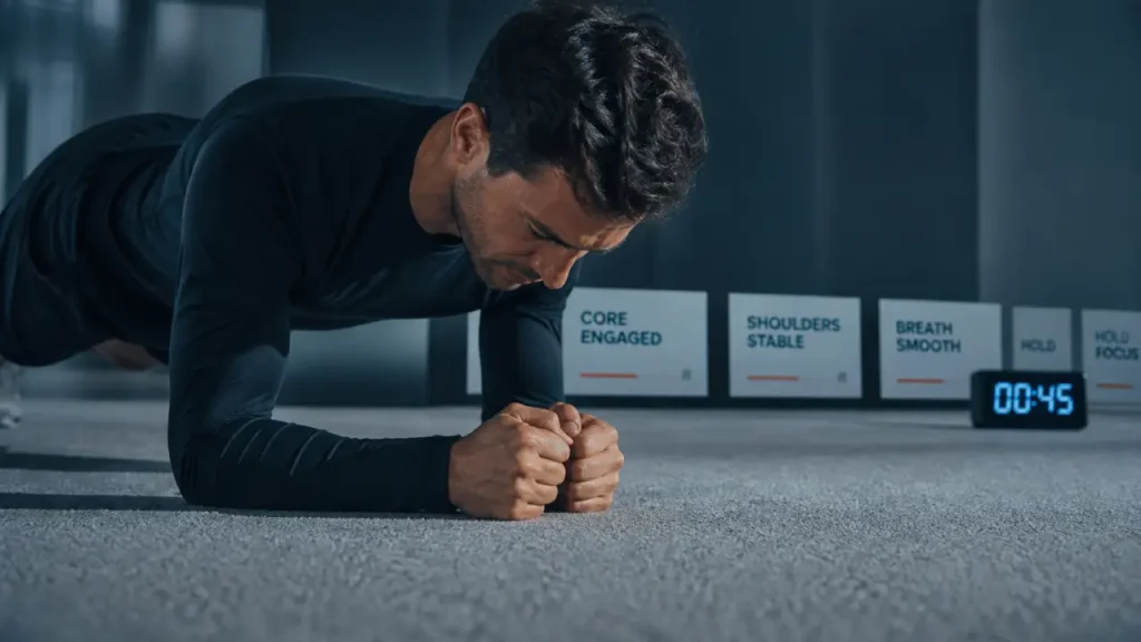 Faire du gainage tous les jours : 1 à 3 minutes suffisent souvent, pas plus si la posture se dégrade