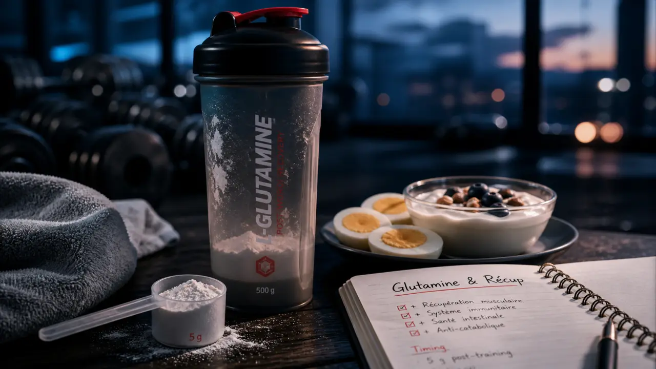 Musculation glutamine : shaker de L-glutamine pour récupération après entraînement