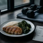 Nutrition pour musculation : 25-30 g de protides par repas (poulet, riz, légumes, whey)
