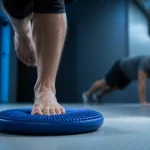 Travail proprioception : pied nu sur coussin d’équilibre