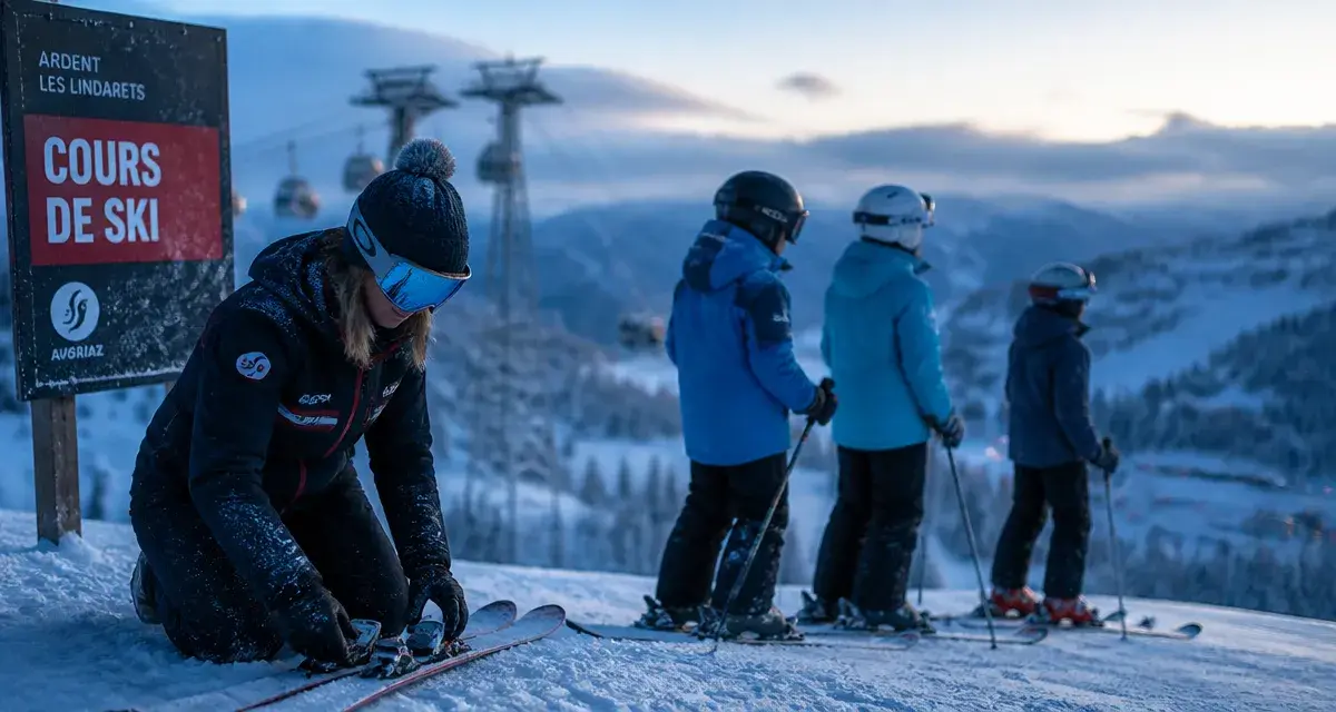 Cours de ski Montriond les Lindarets : monitrice vérifie des skis, débutants observant