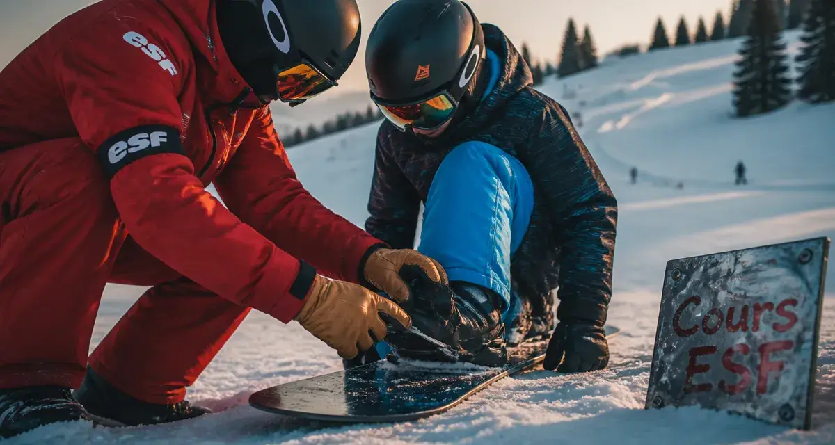 Cours de snowboard Manigod : moniteur ESF aide un élève sur la neige