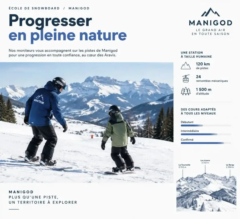Cours de snowboard à Manigod avec moniteur et élève sur le domaine skiable
