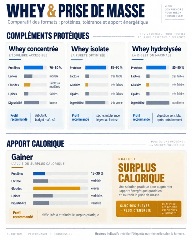 Infographie comparative sur la whey protéine prise de masse : concentrée, isolate, hydrolysée et gainer