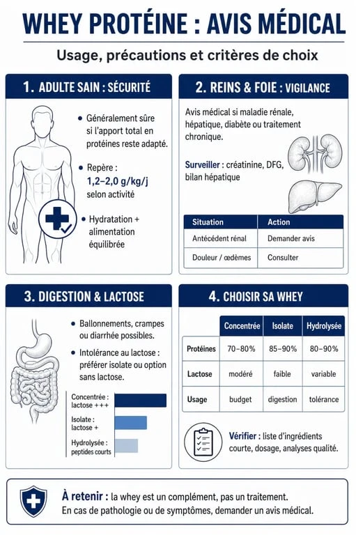 Infographie sur la whey protéine avis médical : sécurité, reins, digestion et choix du type