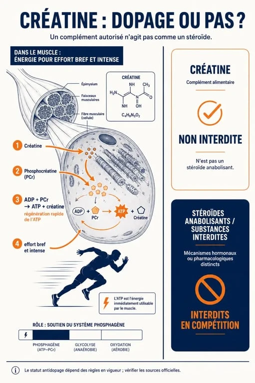 Créatine dopage ou pas : schéma du rôle de la phosphocréatine dans la régénération de l’ATP et distinction avec les substances dopantes