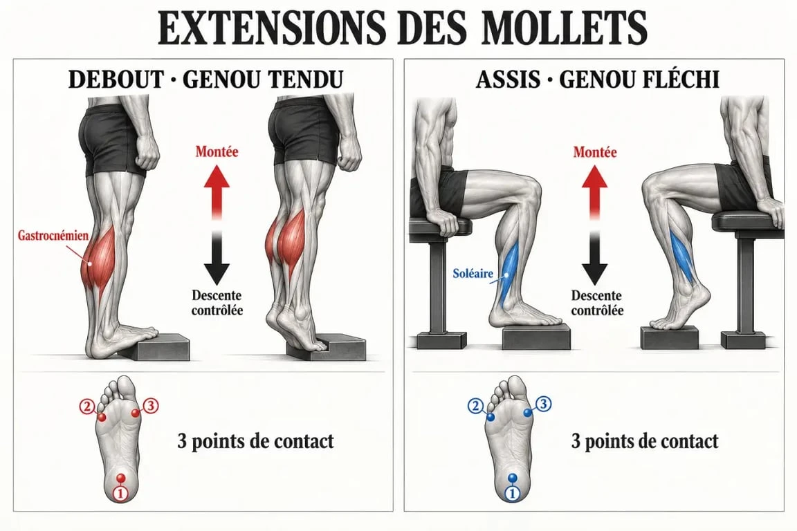 Mollets exercices debout et assis pour cibler le gastrocnémien et le soléaire