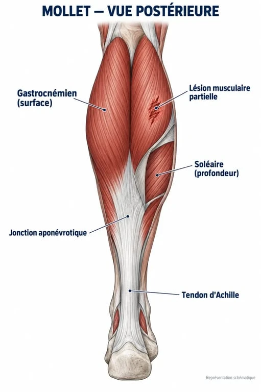 Schéma anatomique d’une déchirure du muscle du mollet montrant le gastrocnémien, le soléaire et le tendon d’Achille