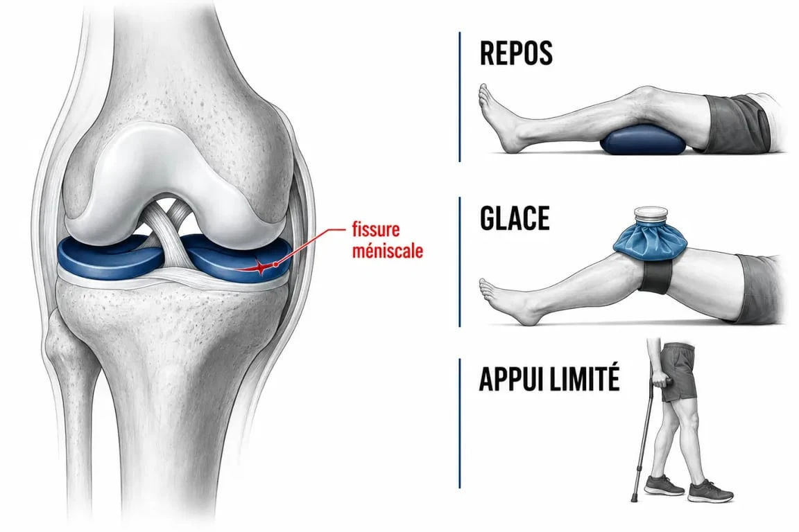 Fissure meniscale que faire : schéma du genou et gestes immédiats à appliquer