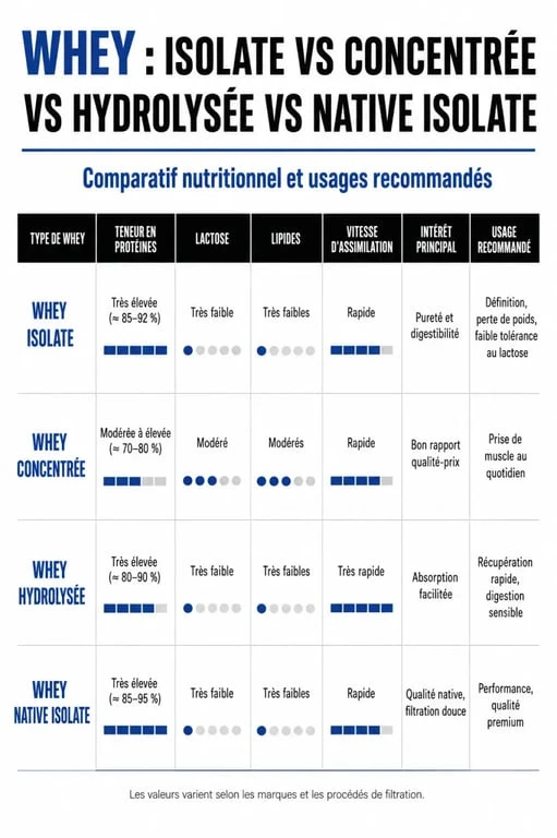 Comparatif protéine whey isolate entre isolate, concentrée, hydrolysée et native