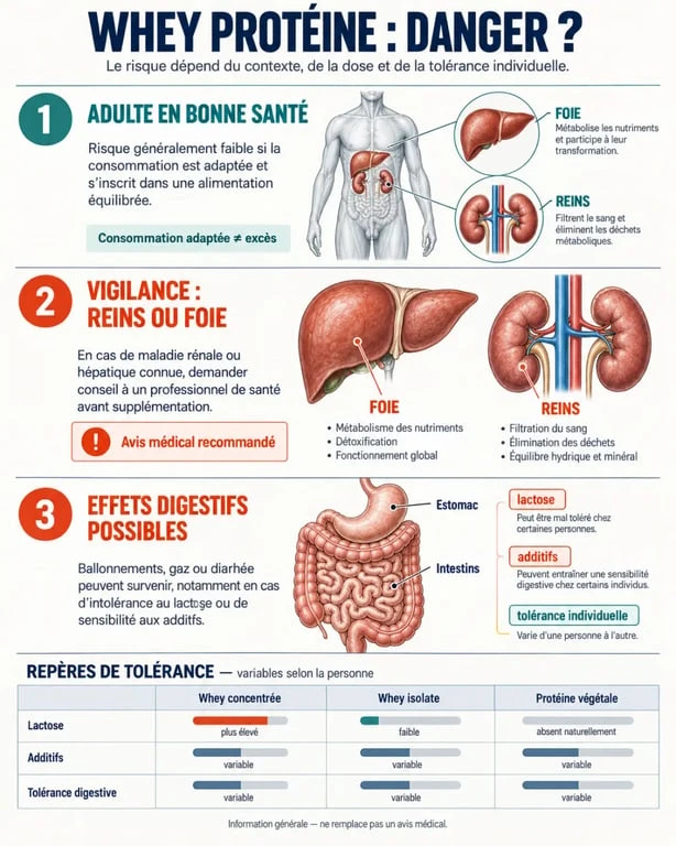 Infographie sur le danger de la whey protéine pour les reins, le foie et la digestion