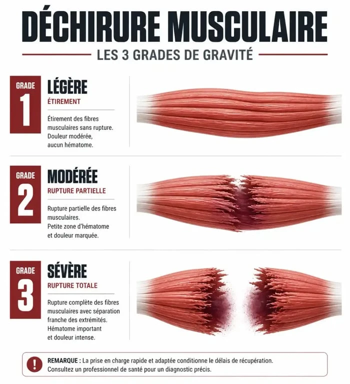 Illustration des trois grades de déchirure musculaire, de l'élongation à la rupture complète