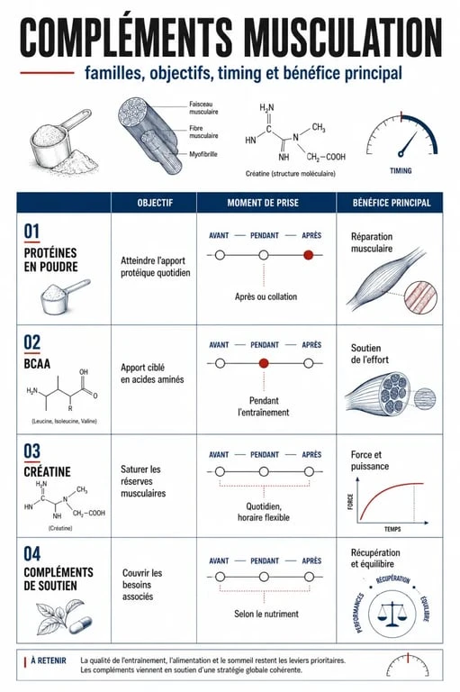 Infographie sur les compléments alimentaires muscu par objectif, moment de prise et bénéfice principal