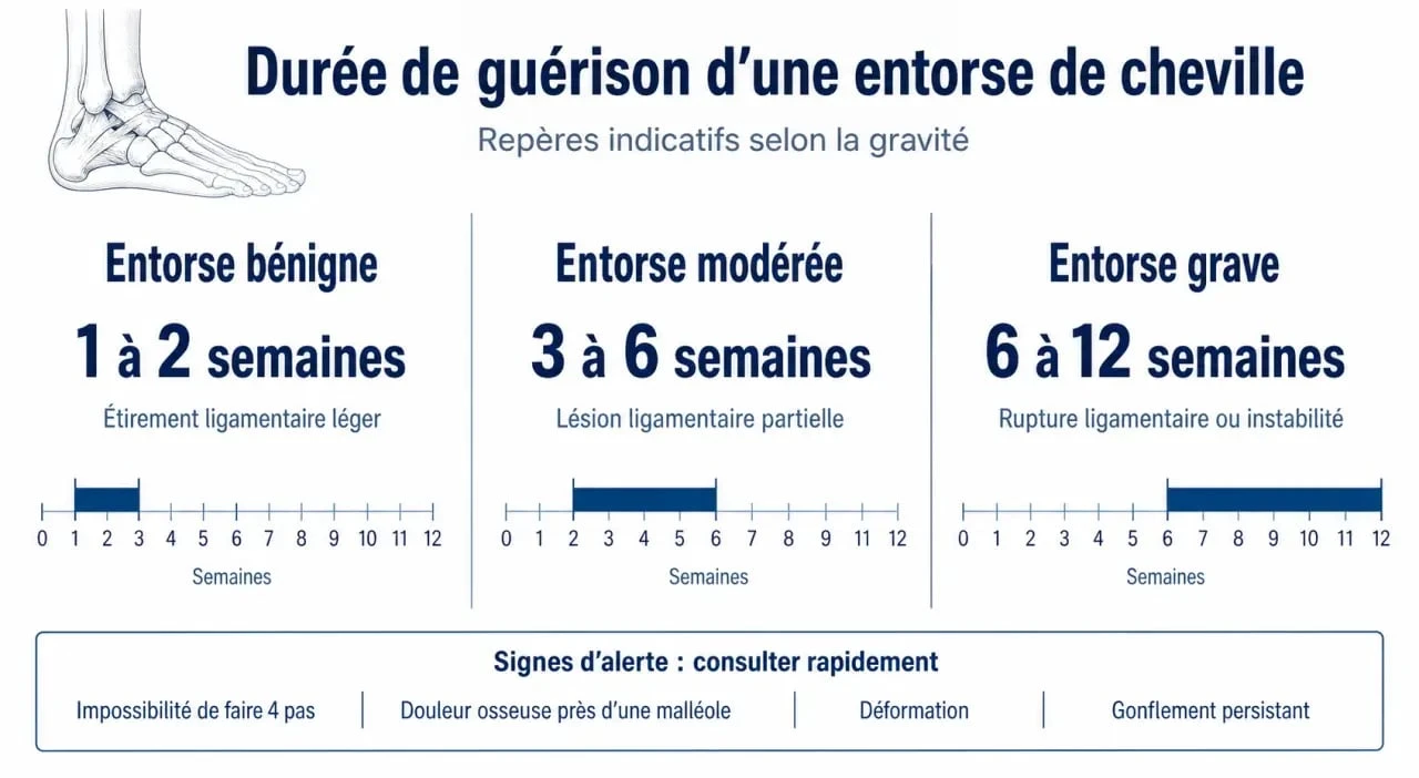 Durée entorse de cheville : repères de guérison selon la gravité et signes d’alerte
