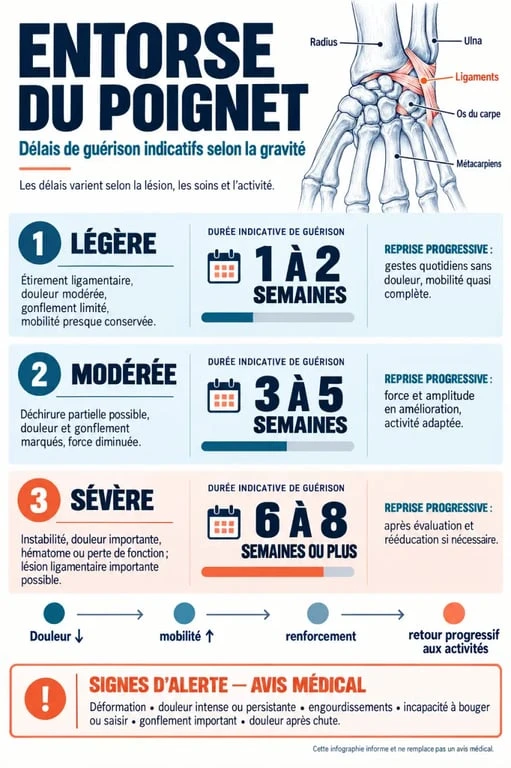Infographie sur le temps de guérison d’une entorse du poignet selon sa gravité