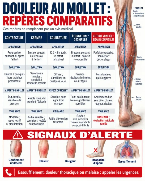 Infographie pour différencier une contracture du mollet à répétition d’une crampe, d’une déchirure ou d’une phlébite
