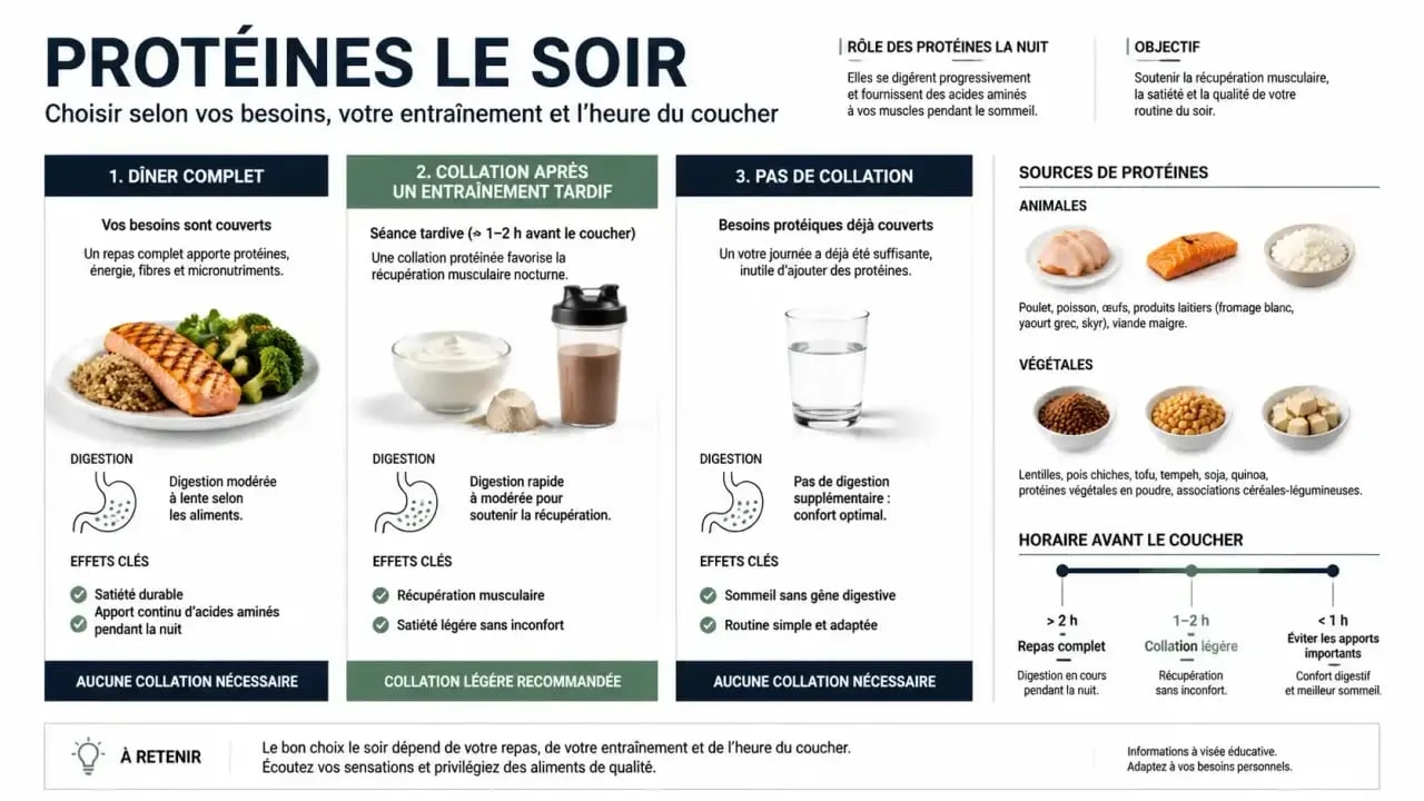 Protéines le soir : comparaison entre dîner complet, collation légère et absence de collation avant le coucher
