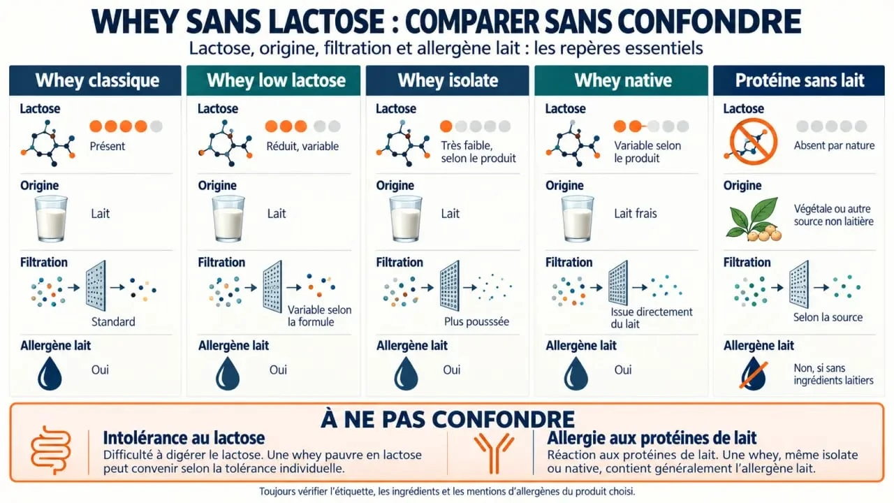 Infographie comparative sur la whey protein sans lactose, l'isolat, la whey native et la protéine sans lait